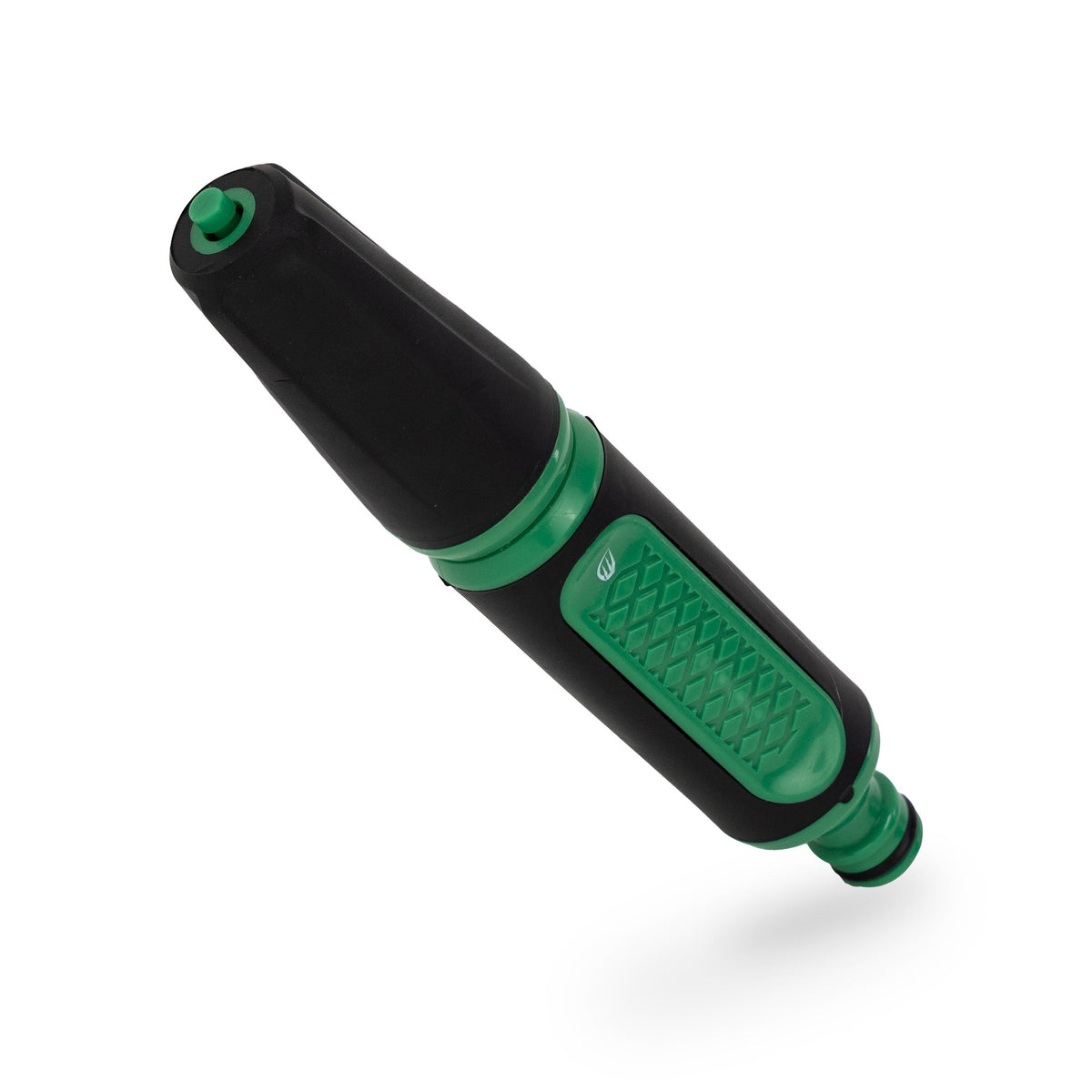 Gartenspritze, gerade Bauform mit Softgrip, schwarz-grün, schräg auf Weiß