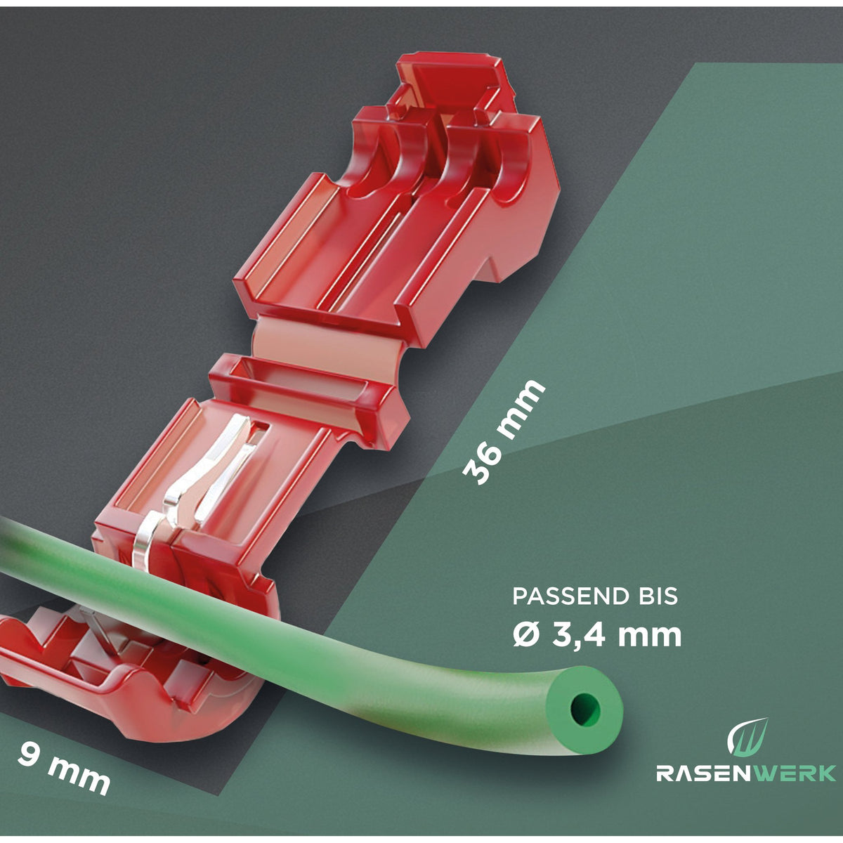Anschlussklemme mit Maßen 36 mm × 9 mm, passend für Kabel bis Ø 3,4 mm (Hintergrund digital erstellt)