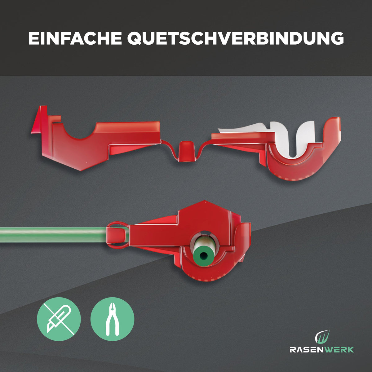 Anschlussklemme offen und geschlossen am Kabel; Symbole: ohne Abisolieren, mit Zange schließen (Hintergrund digital erstellt)