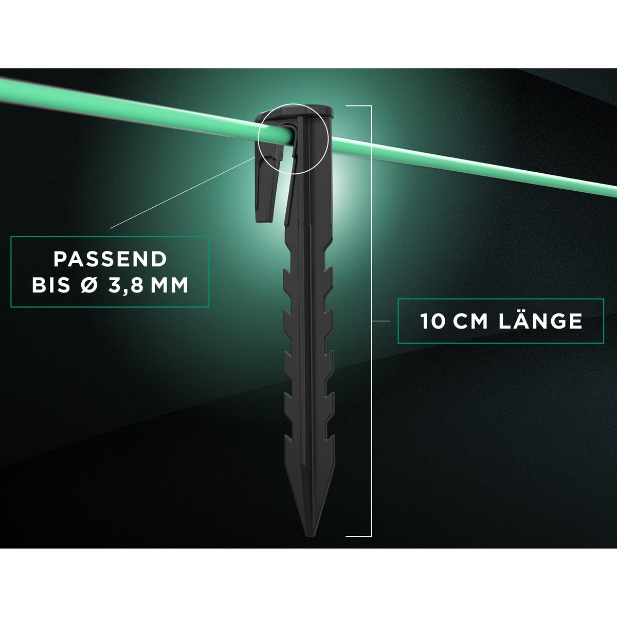 Erdnagel mit eingehängtem Kabel: 10 cm Länge, passend für Kabel bis Ø 3,8 mm (Hintergrund digital erstellt)