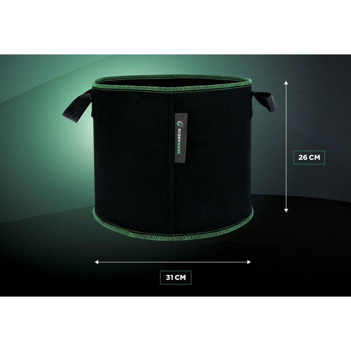 Pflanztasche 20 Liter mit Maßangaben: 26 cm hoch, 31 cm Durchmesser (Hintergrund digital erstellt)