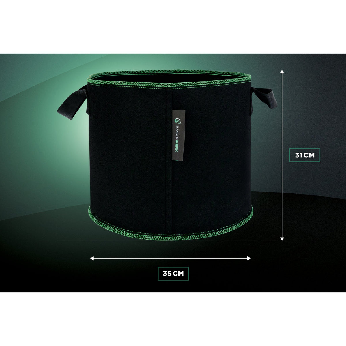 Pflanztasche 30 Liter mit Maßangaben: 31 cm hoch, 35 cm Durchmesser (Hintergrund digital erstellt)