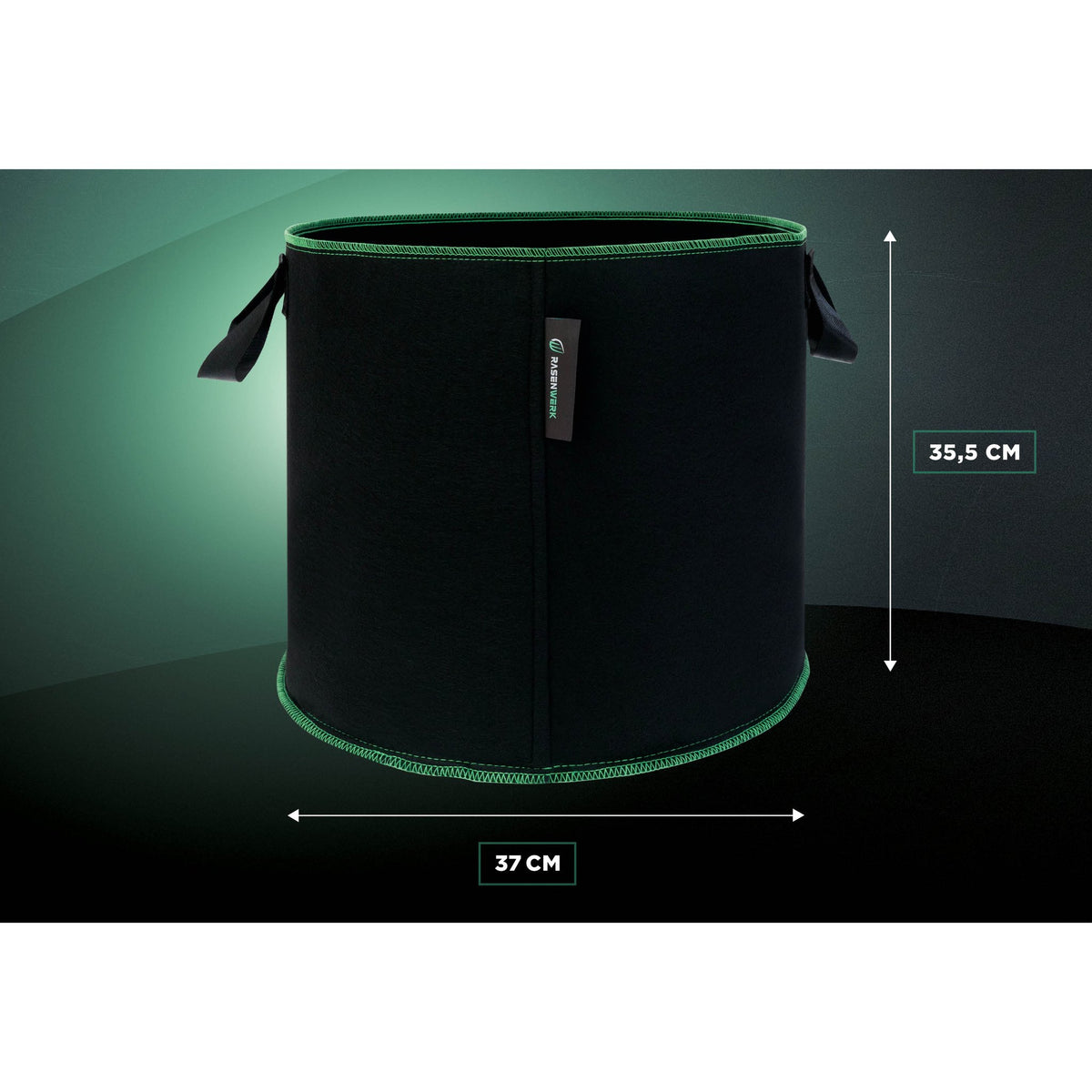 Pflanztasche 40 Liter mit Maßangaben: 35,5 cm hoch, 37 cm Durchmesser (Hintergrund digital erstellt)