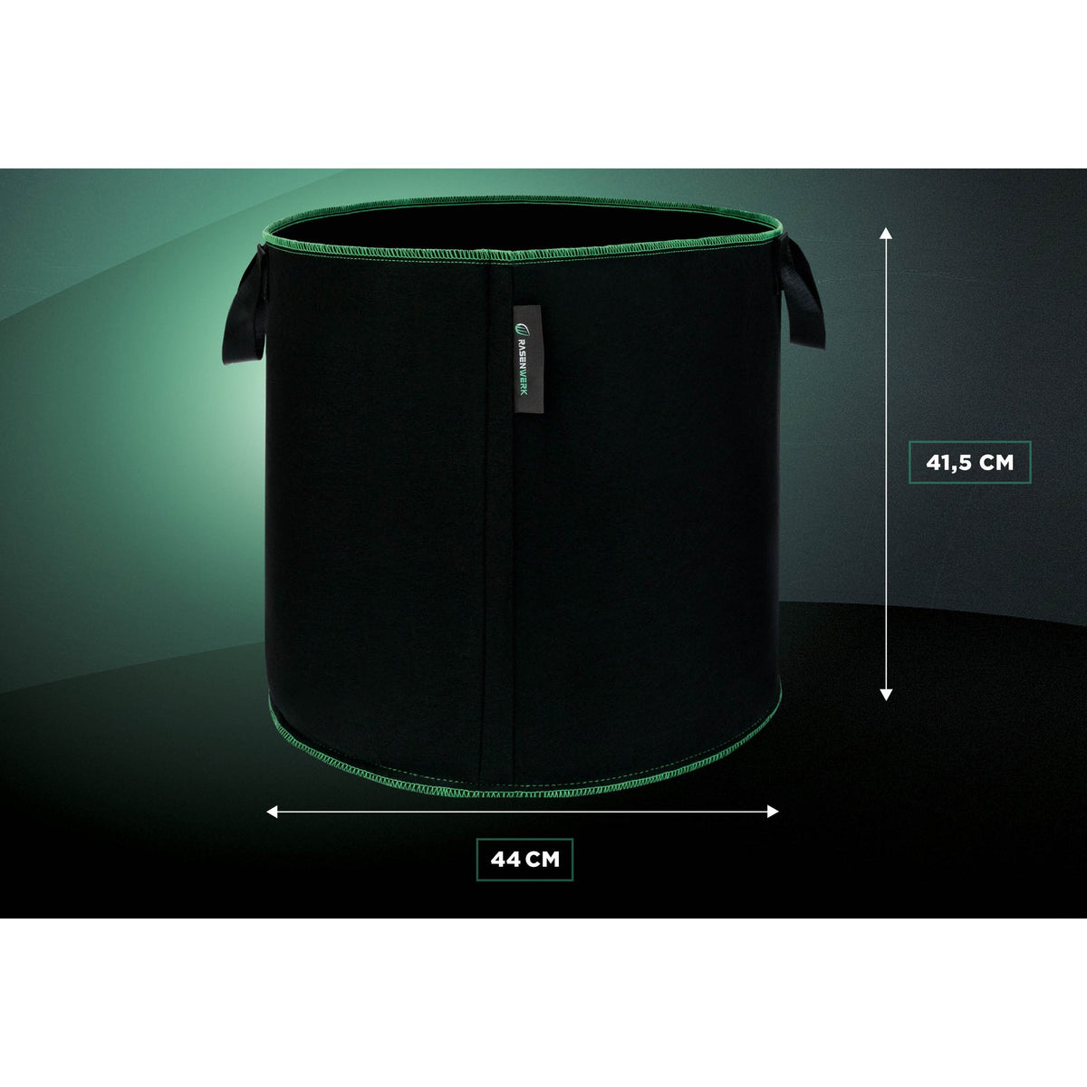 Pflanztasche 60 Liter mit Maßangaben: 41,5 cm hoch, 44 cm Durchmesser (Hintergrund digital erstellt)