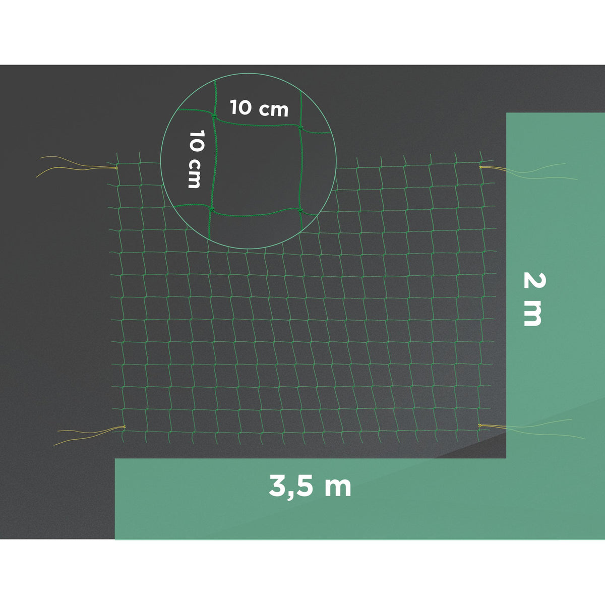 Ranknetz 2 × 3,5 m mit Maßangaben und Maschenweite 10 × 10 cm (Hintergrund digital erstellt)