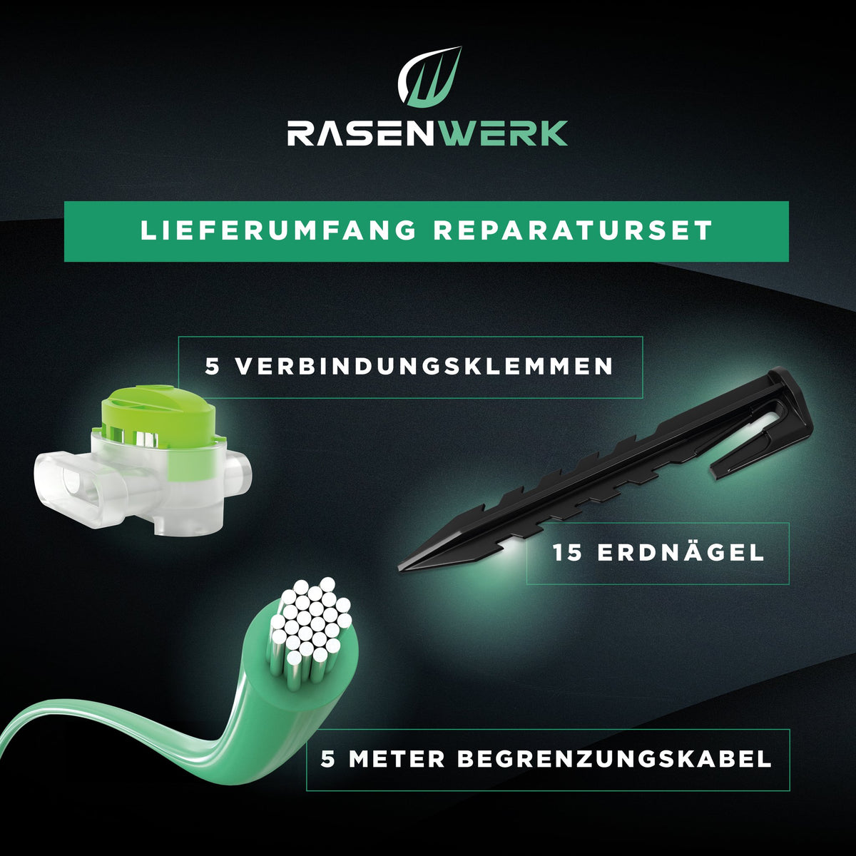 Lieferumfang Reparaturset XS: 5 Verbindungsklemmen, 15 Erdnägel, 5 Meter Begrenzungskabel (Hintergrund digital erstellt)