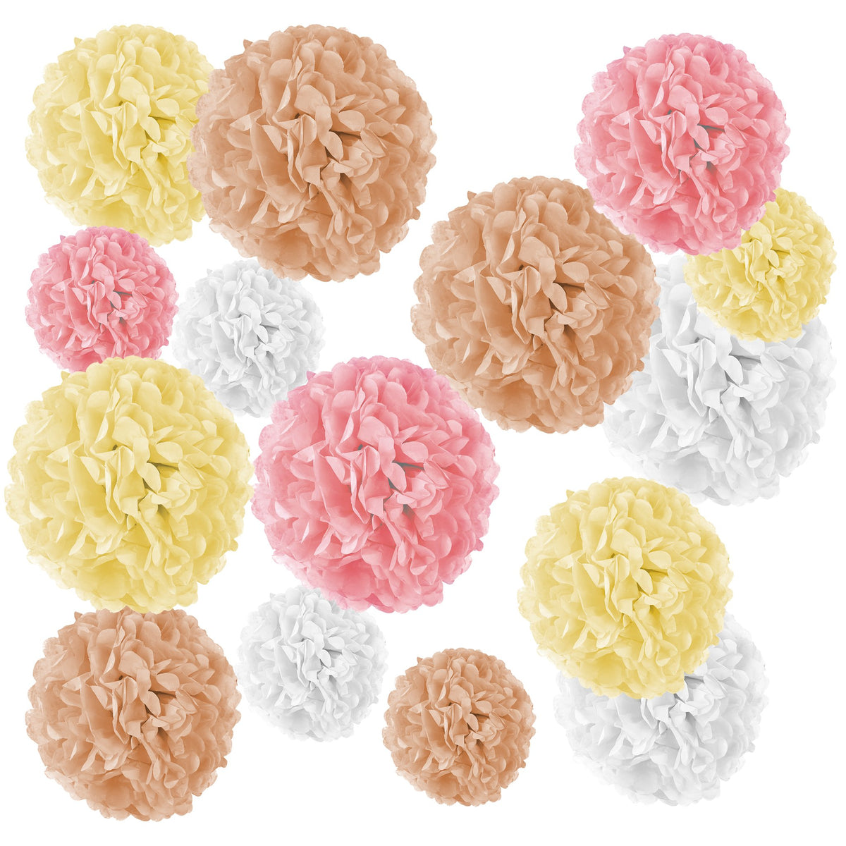 Set aus weißen, gelben, apricotfarbenen und rosa Seidenpapier-Pompons in drei Größen, hängend an Satinbändern, auf Weiß