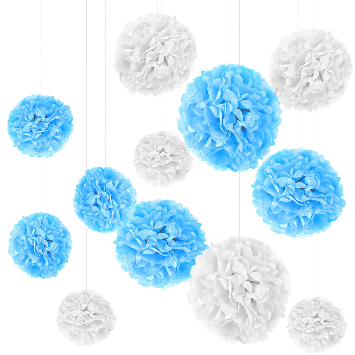 Set aus weißen und hellblauen Seidenpapier-Pompons in drei Größen, hängend an Satinbändern, auf Weiß
