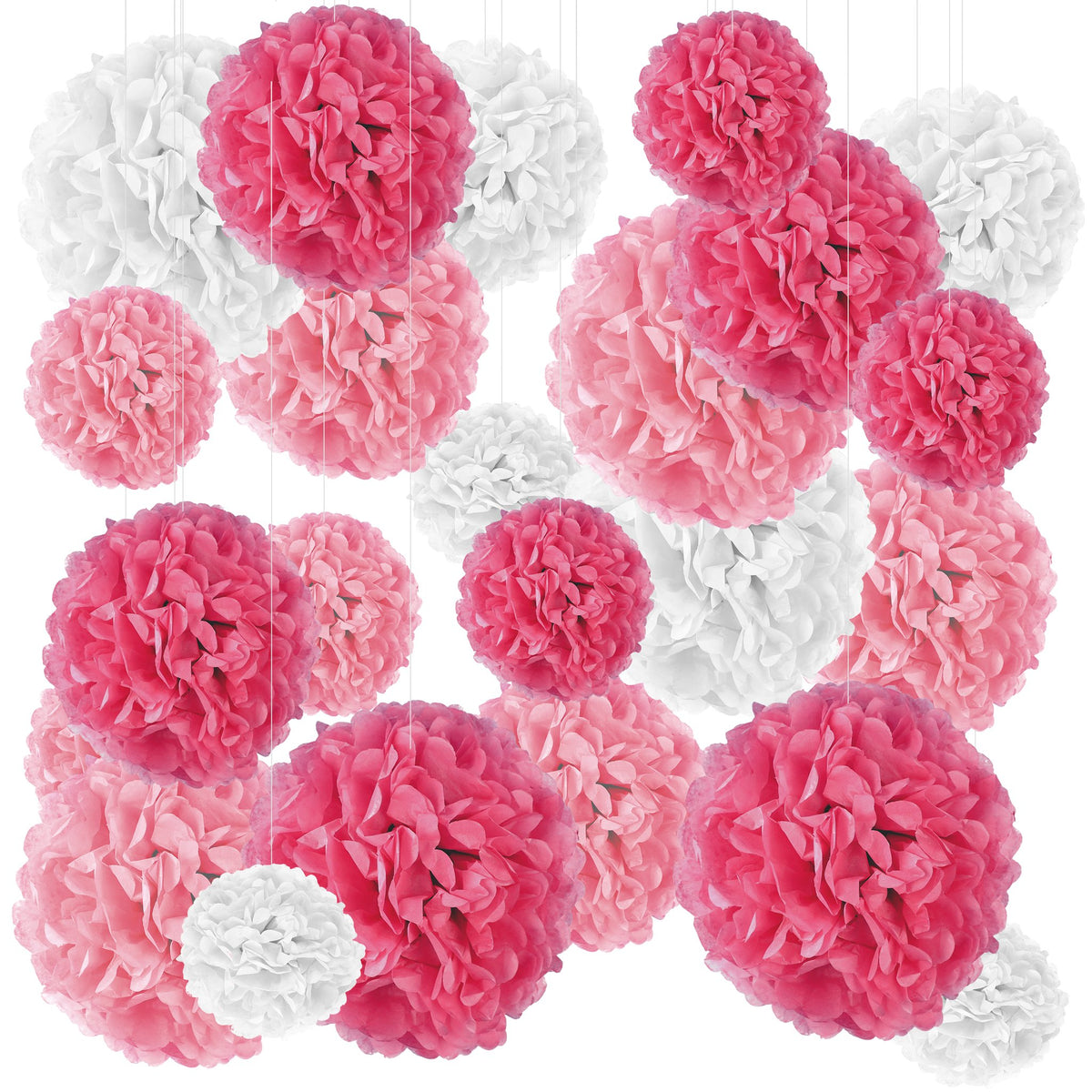 Set aus weißen, rosa und pinken Seidenpapier-Pompons in drei Größen, hängend an Satinbändern, auf Weiß