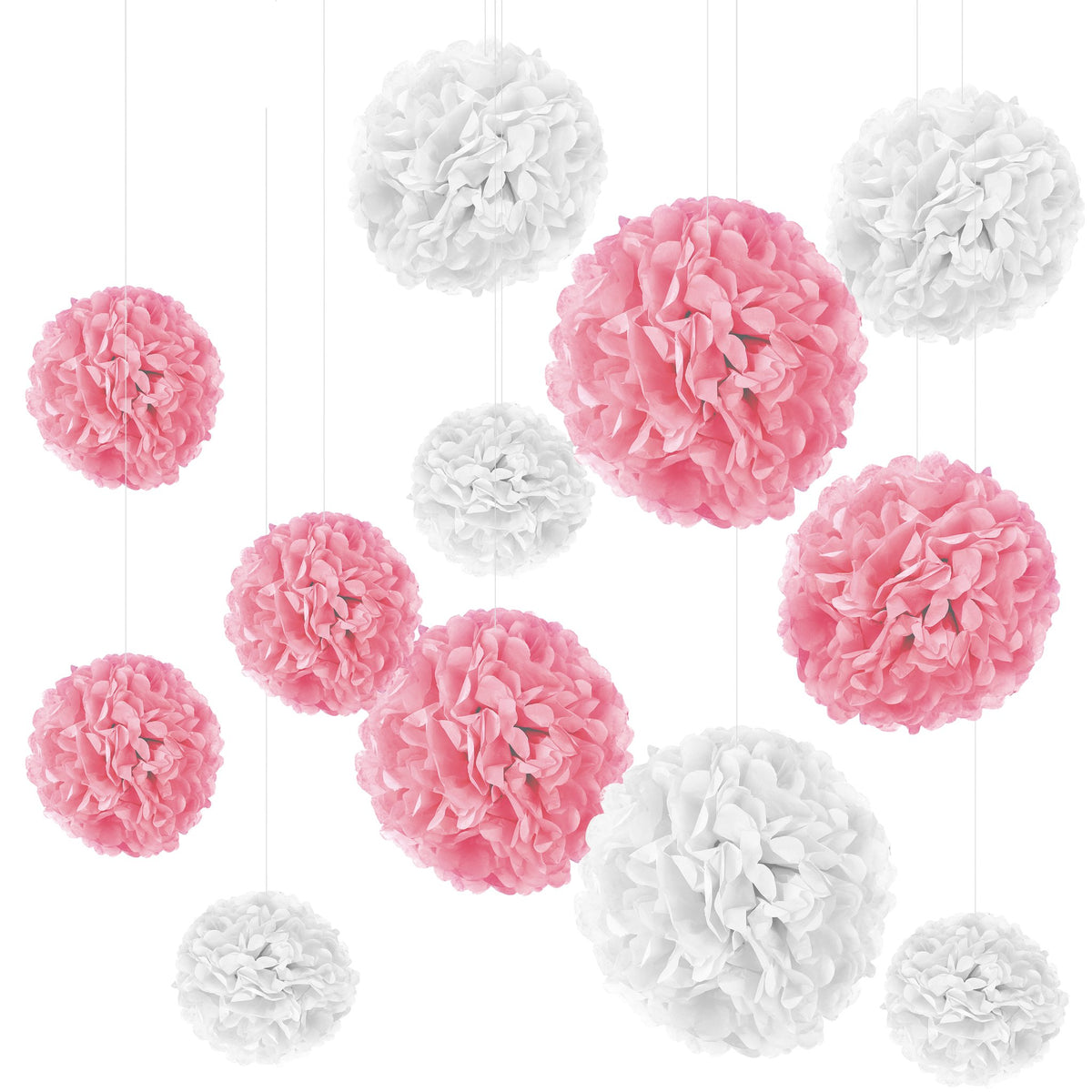 Set aus weißen und rosa Seidenpapier-Pompons in drei Größen, hängend an Satinbändern, auf Weiß